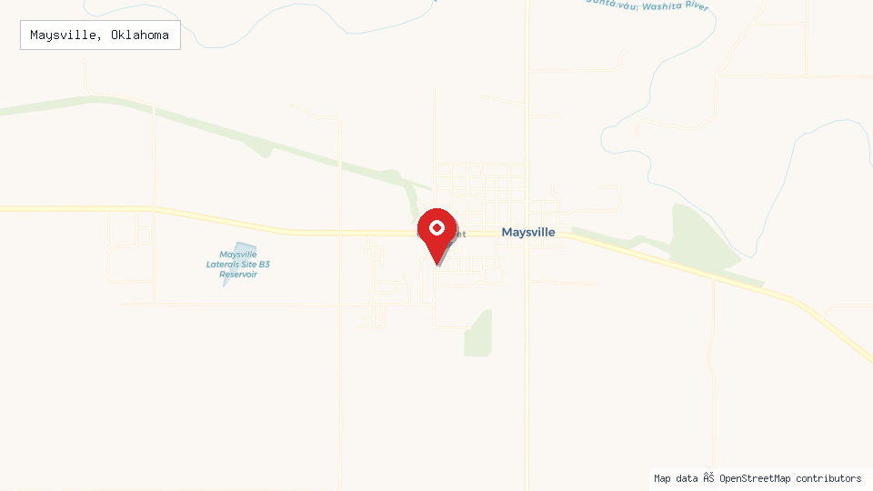 Street map of Maysville, Oklahoma with location pin