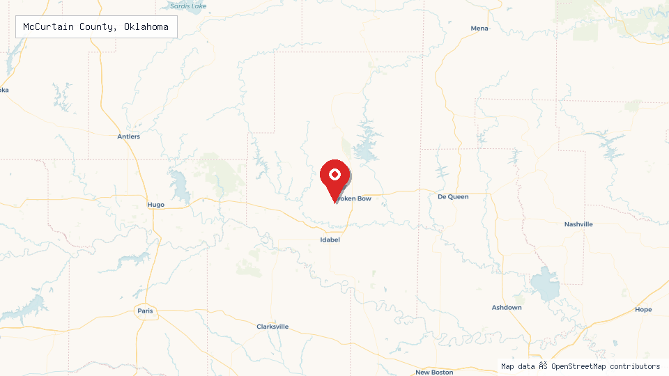 Street map of McCurtain County, Oklahoma with location pin