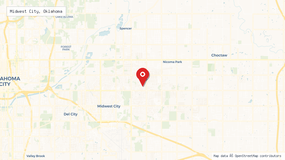 Street map of Midwest City, Oklahoma with location pin