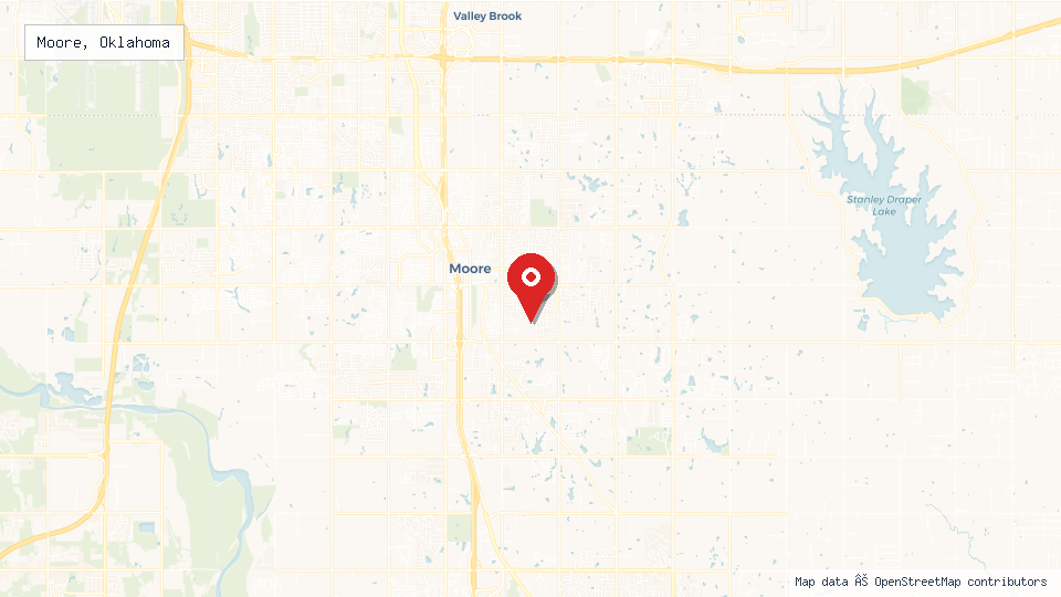 Street map of Moore, Oklahoma with location pin