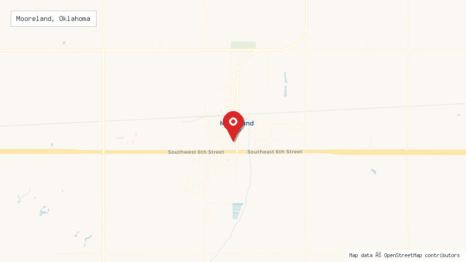 Street map of Mooreland, Oklahoma with location pin