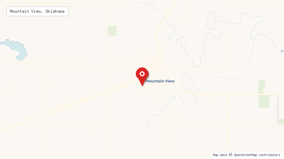 Street map of Mountain View, Oklahoma with location pin