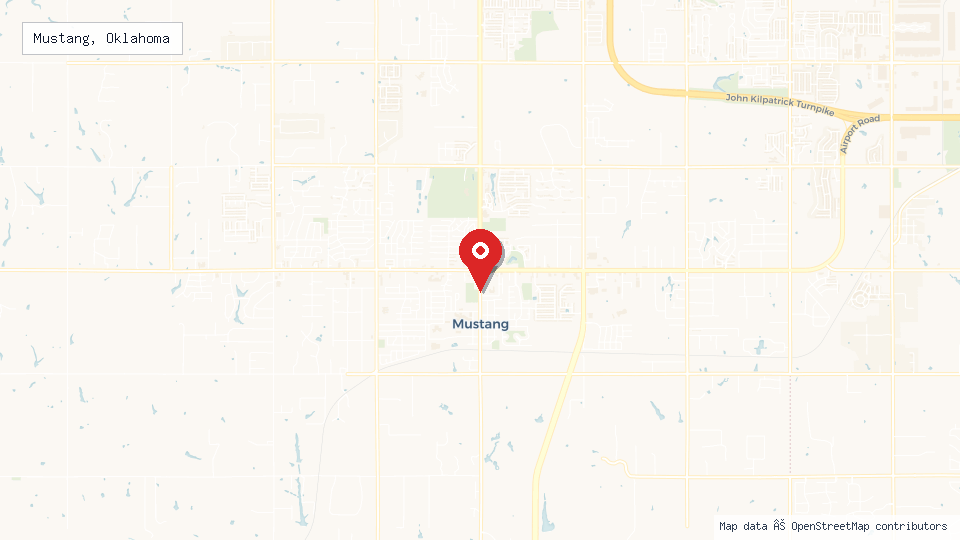 Street map of Mustang, Oklahoma with location pin