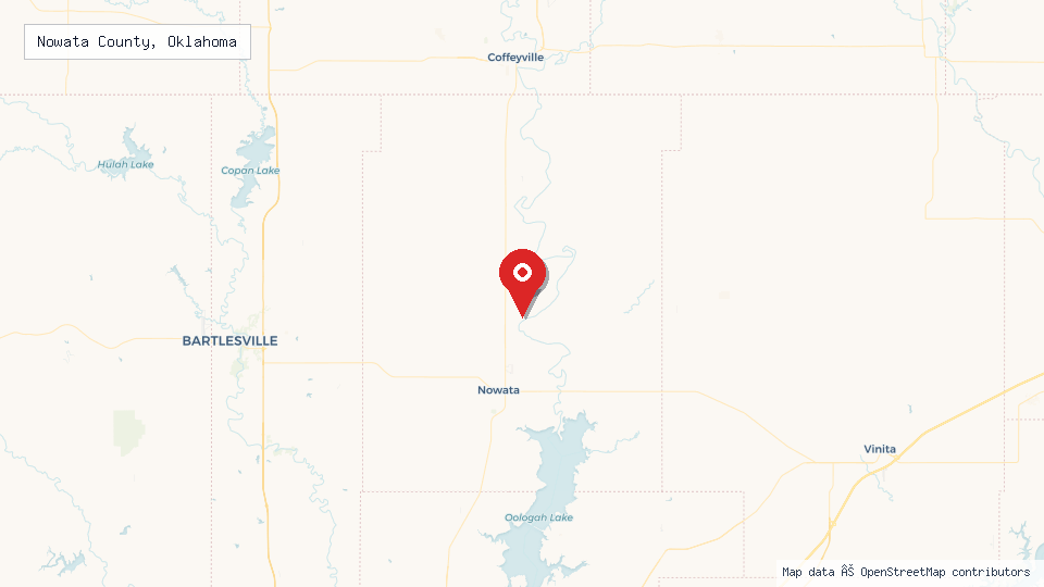 Street map of Nowata County, Oklahoma with location pin