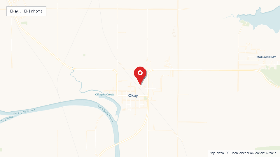 Street map of Okay, Oklahoma with location pin