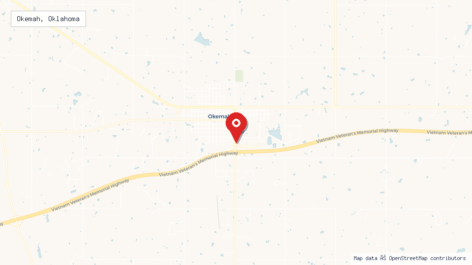 Street map of Okemah, Oklahoma with location pin