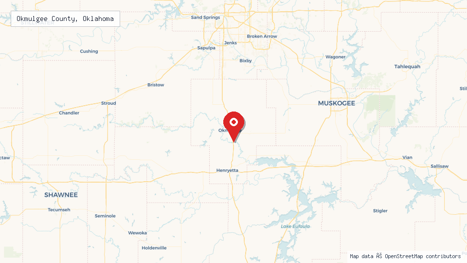 Street map of Okmulgee County, Oklahoma with location pin