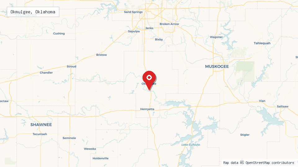 Street map of Okmulgee, Oklahoma with location pin