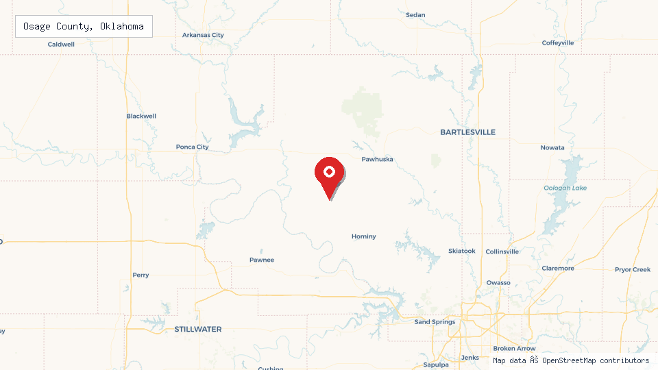 Street map of Osage County, Oklahoma with location pin