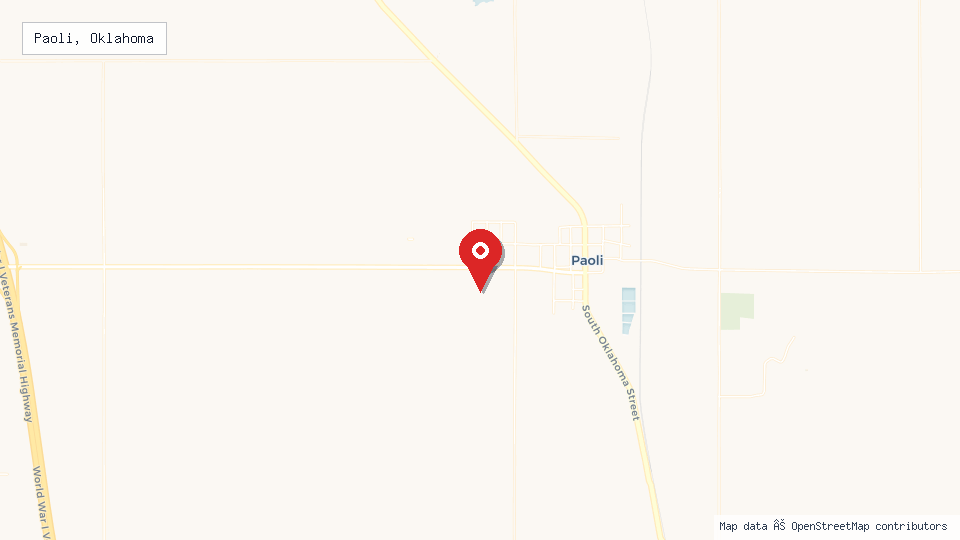 Street map of Paoli, Oklahoma with location pin