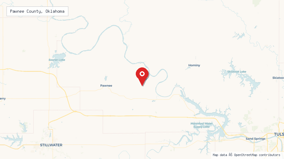 Street map of Pawnee County, Oklahoma with location pin