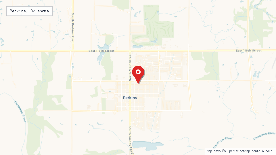 Street map of Perkins, Oklahoma with location pin