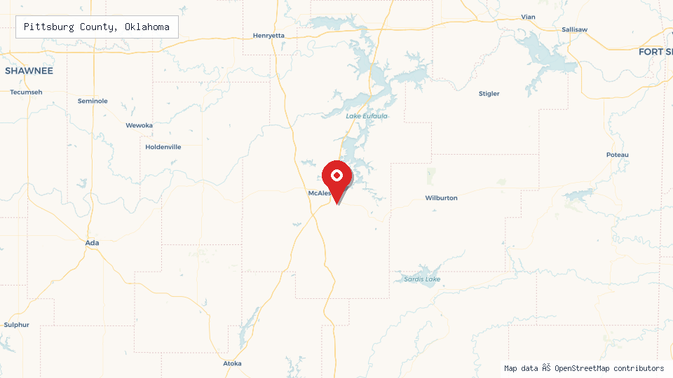 Street map of Pittsburg County, Oklahoma with location pin