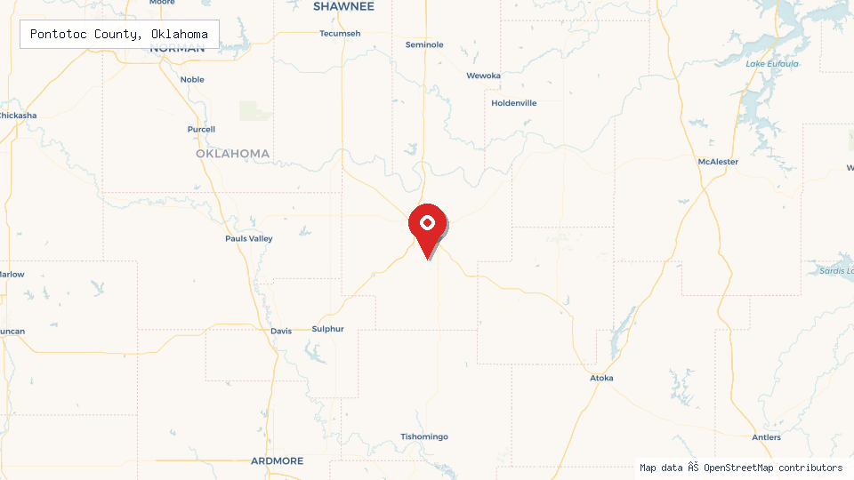 Street map of Pontotoc County, Oklahoma with location pin