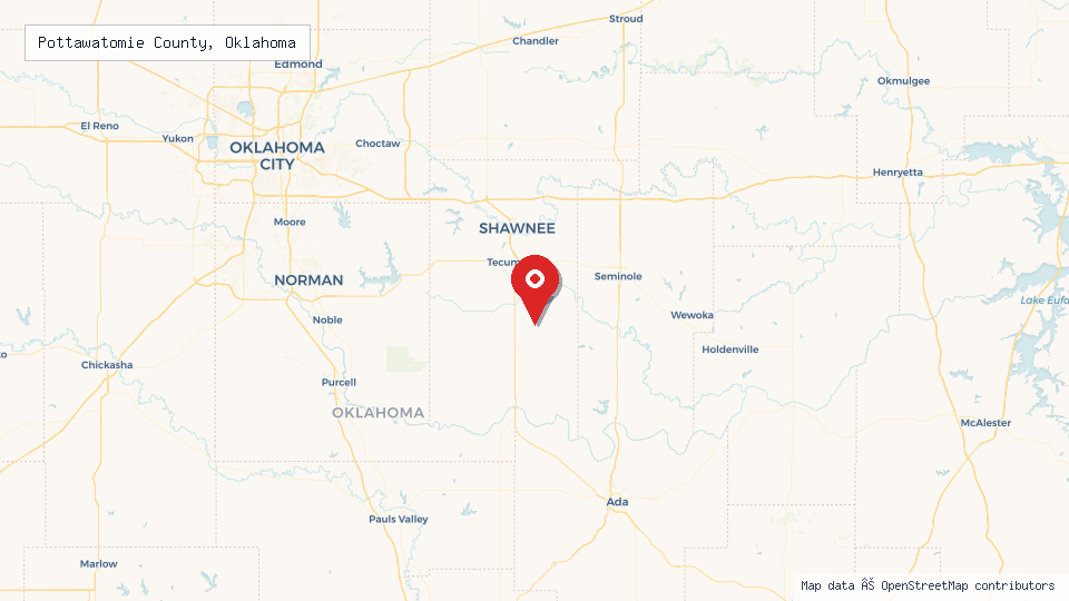 Street map of Pottawatomie County, Oklahoma with location pin