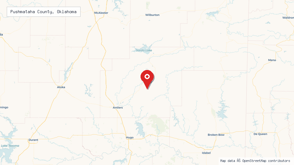 Street map of Pushmataha County, Oklahoma with location pin
