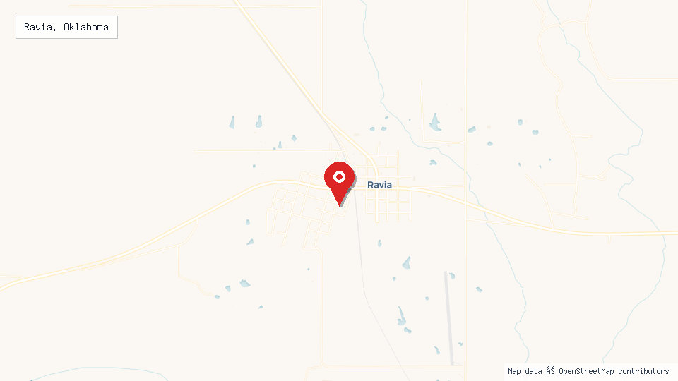 Street map of Ravia, Oklahoma with location pin