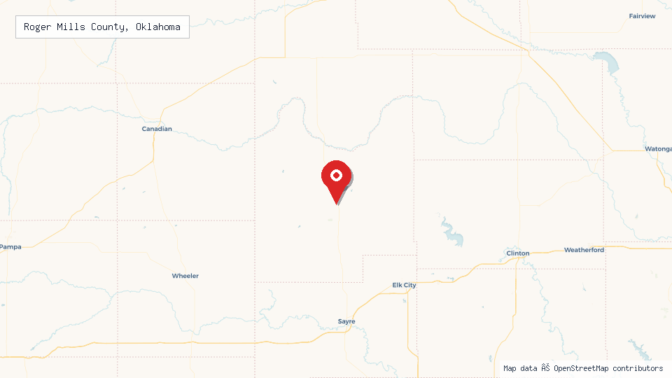 Street map of Roger Mills County, Oklahoma with location pin