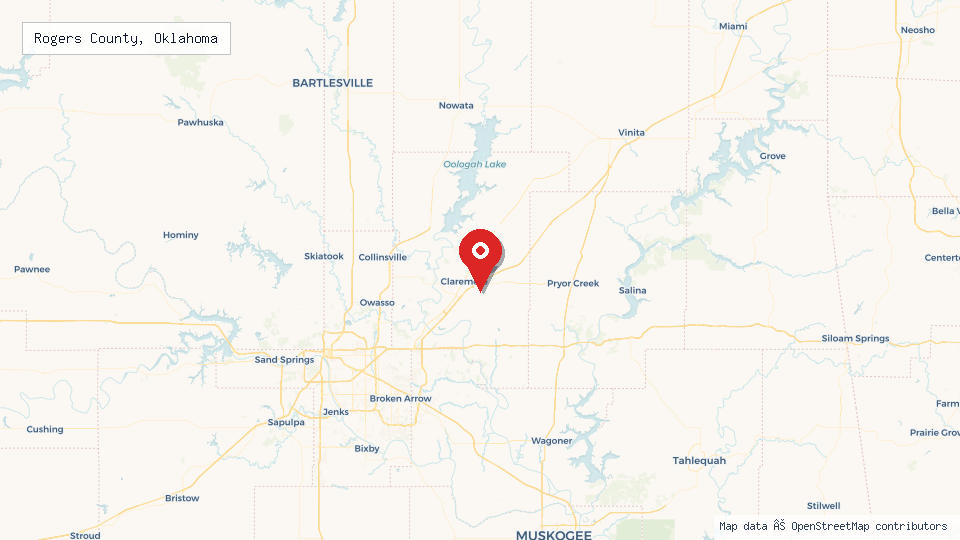 Street map of Rogers County, Oklahoma with location pin