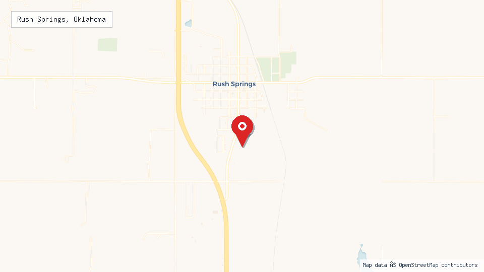 Street map of Rush Springs, Oklahoma with location pin