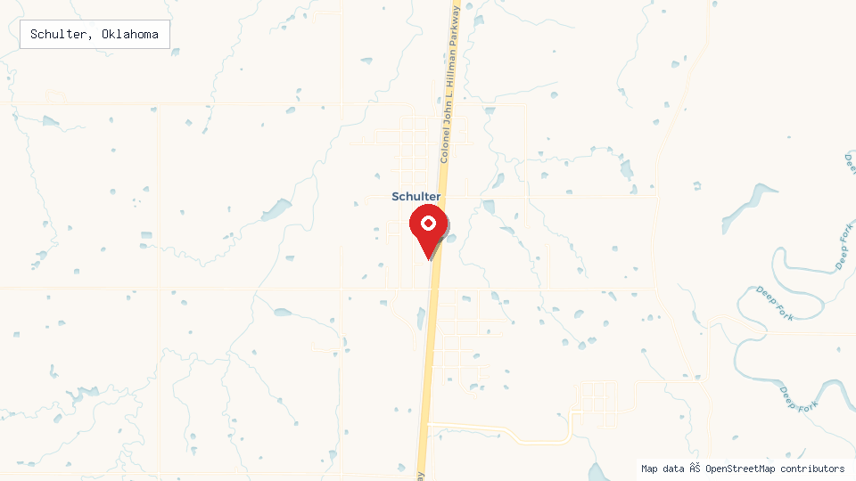 Street map of Schulter, Oklahoma with location pin
