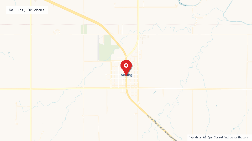 Street map of Seiling, Oklahoma with location pin