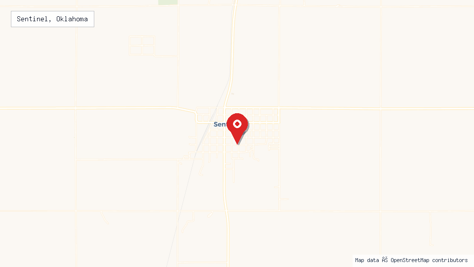 Street map of Sentinel, Oklahoma with location pin