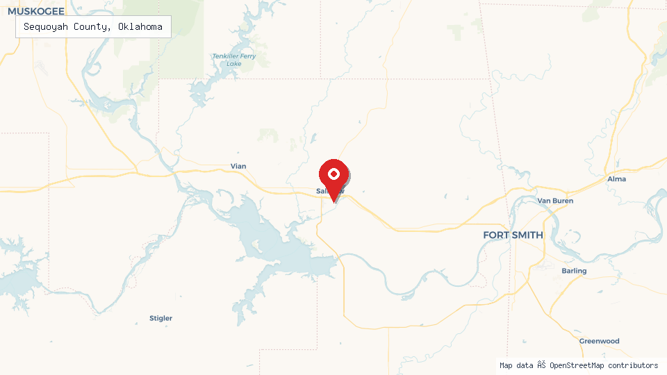 Street map of Sequoyah County, Oklahoma with location pin