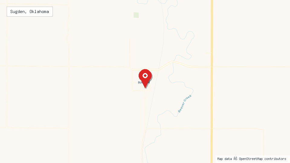 Street map of Sugden, Oklahoma with location pin