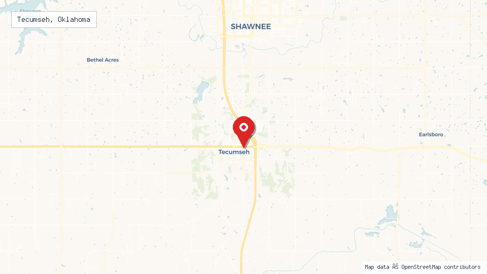 Street map of Tecumseh, Oklahoma with location pin