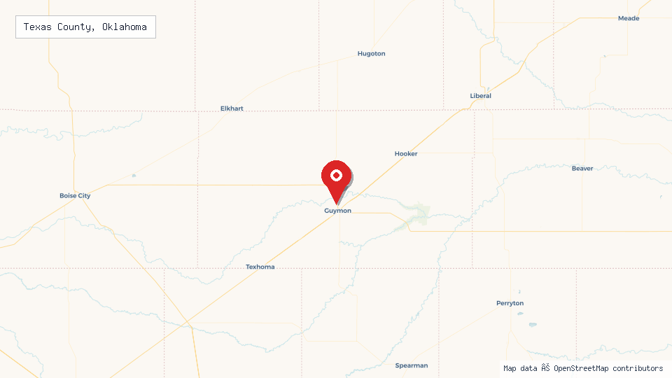 Street map of Texas County, Oklahoma with location pin