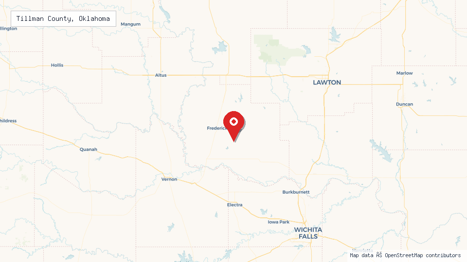 Street map of Tillman County, Oklahoma with location pin