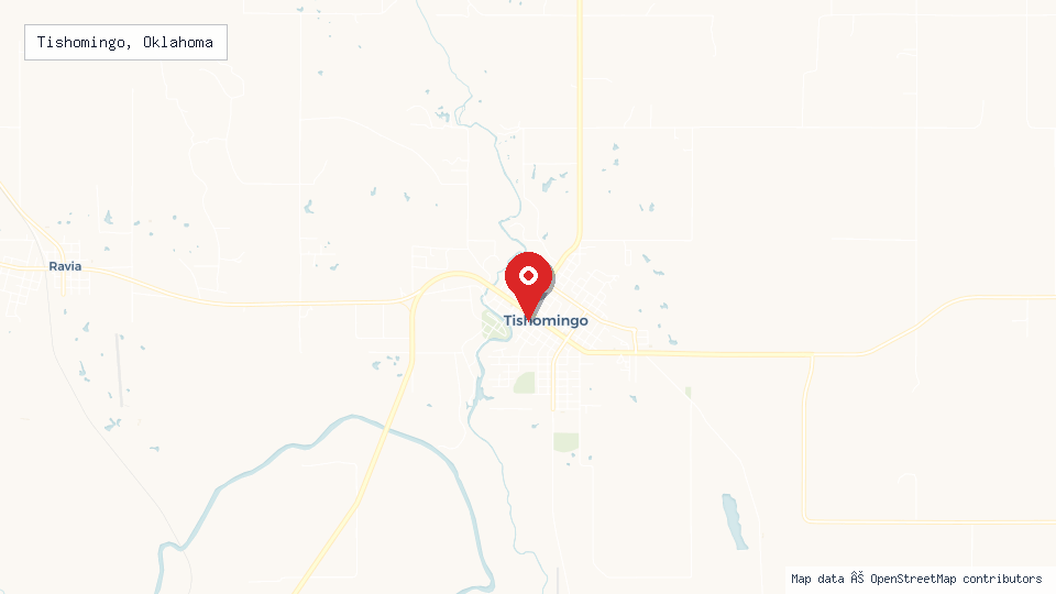 Street map of Tishomingo, Oklahoma with location pin