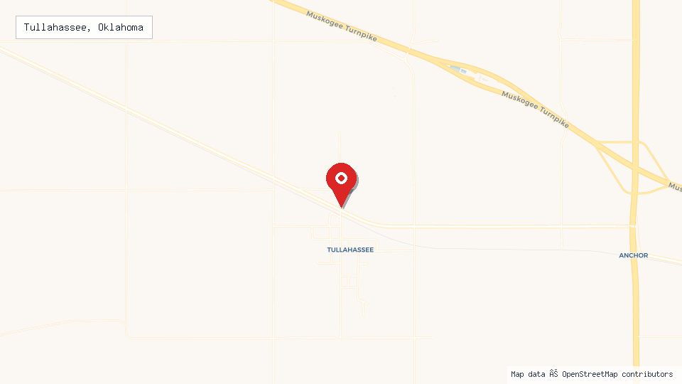 Street map of Tullahassee, Oklahoma with location pin
