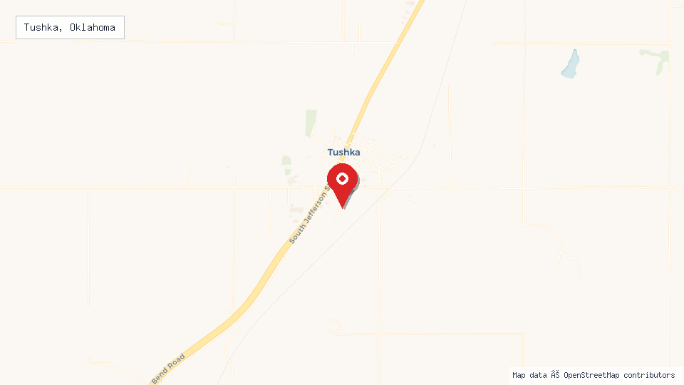 Street map of Tushka, Oklahoma with location pin