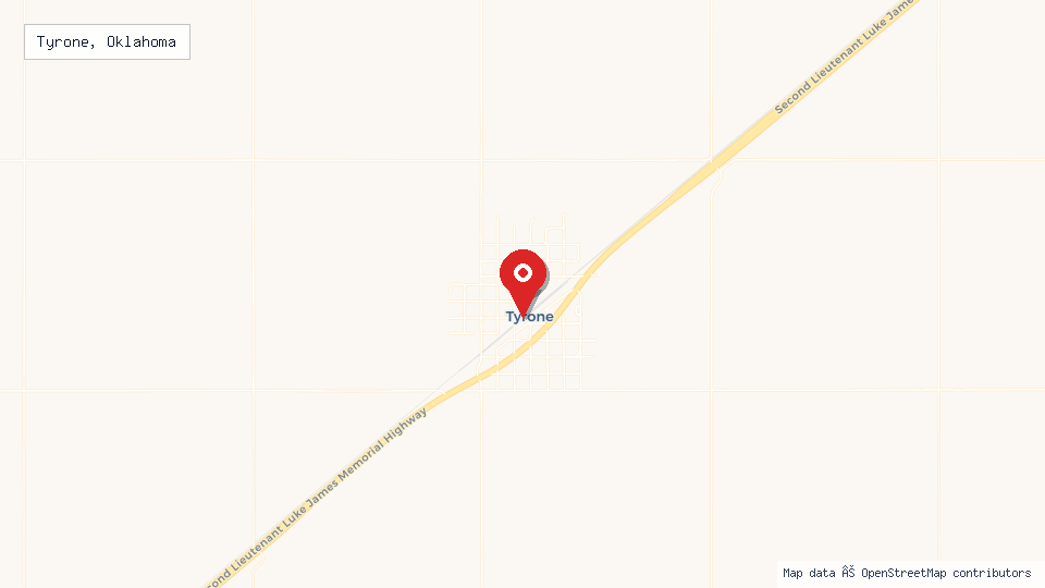 Street map of Tyrone, Oklahoma with location pin