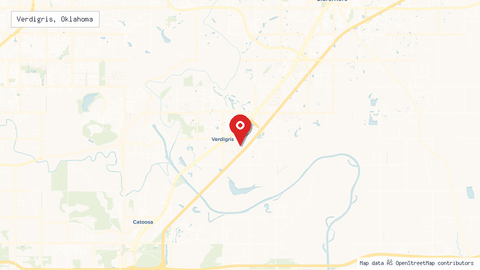 Street map of Verdigris, Oklahoma with location pin