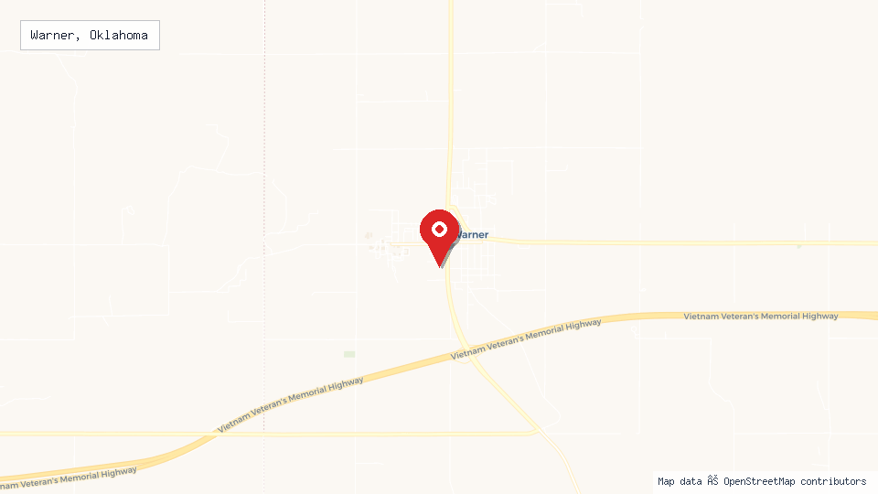 Street map of Warner, Oklahoma with location pin