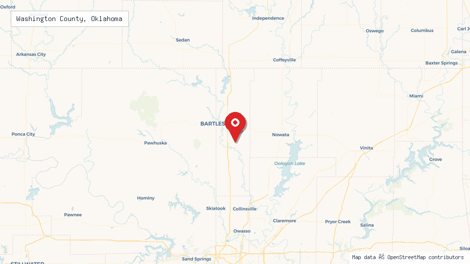 Street map of Washington County, Oklahoma with location pin