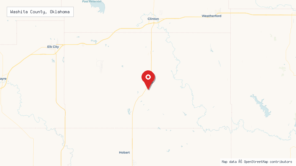 Street map of Washita County, Oklahoma with location pin