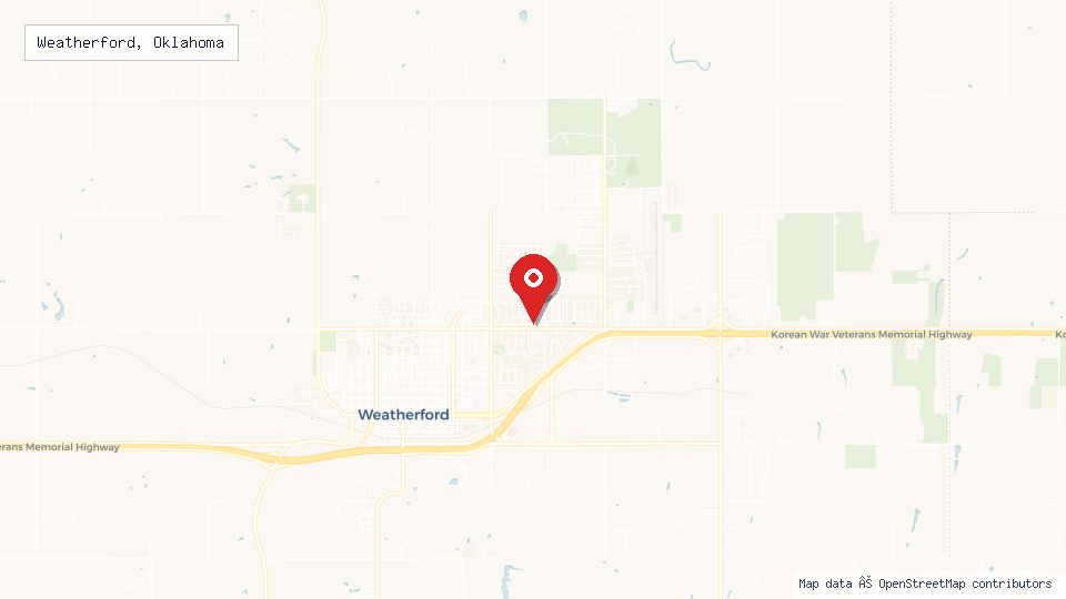 Street map of Weatherford, Oklahoma with location pin