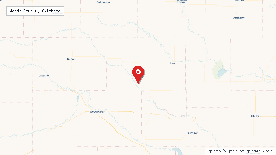 Street map of Woods County, Oklahoma with location pin