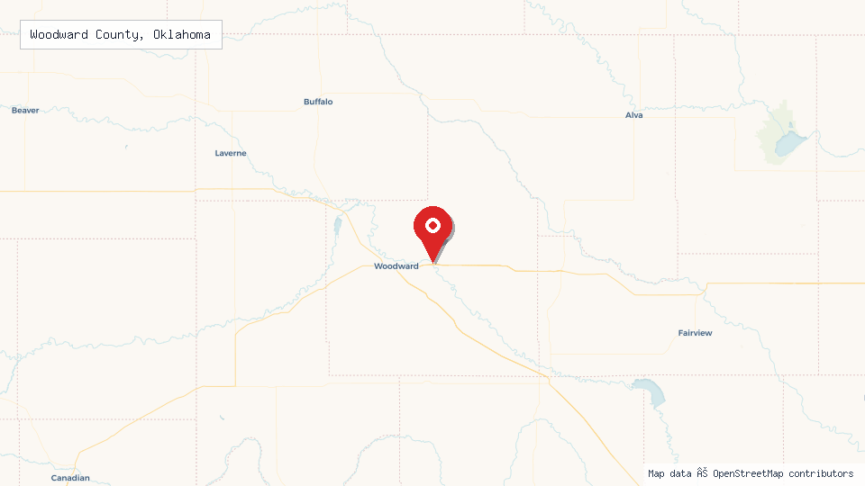 Street map of Woodward County, Oklahoma with location pin