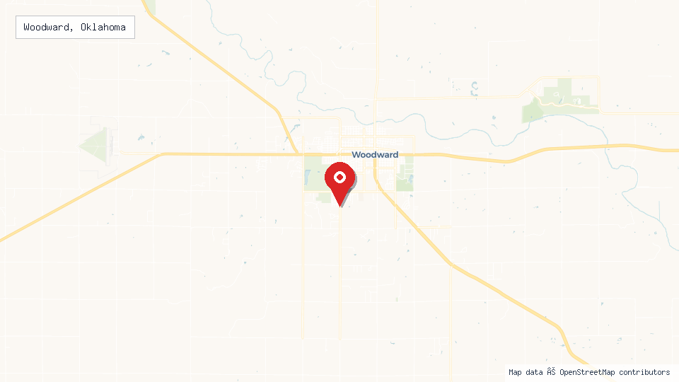 Street map of Woodward, Oklahoma with location pin