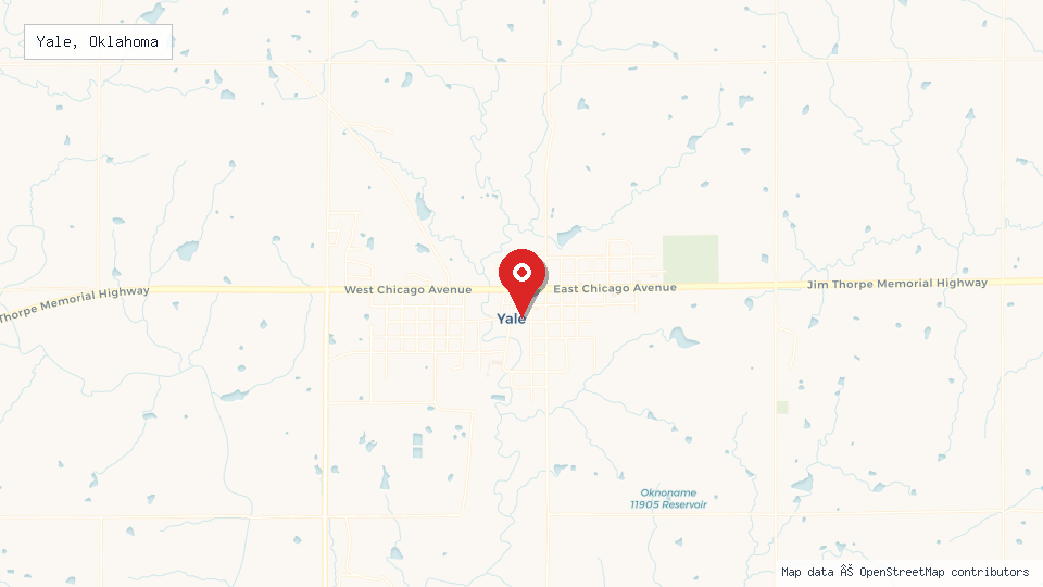 Street map of Yale, Oklahoma with location pin