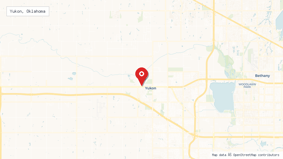 Street map of Yukon, Oklahoma with location pin