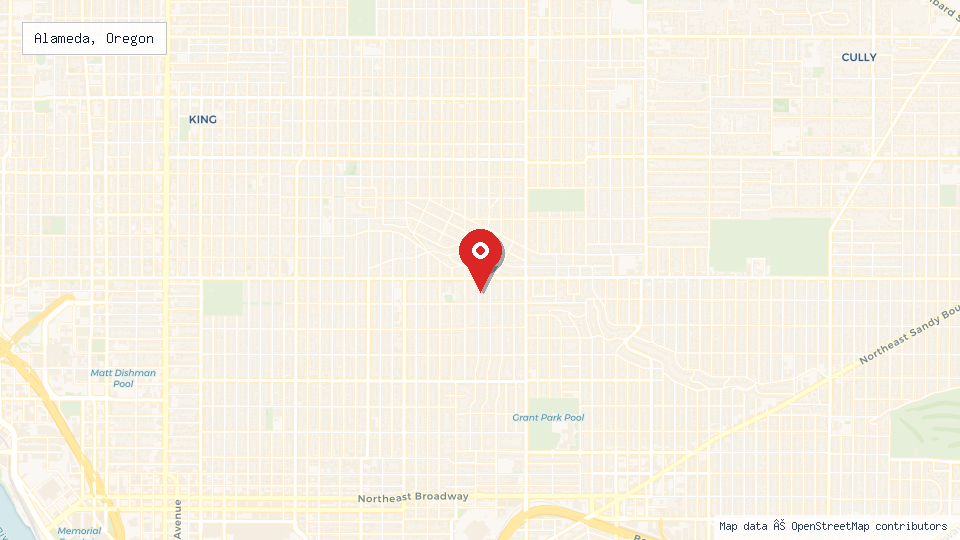Street map of Alameda, Oregon with location pin