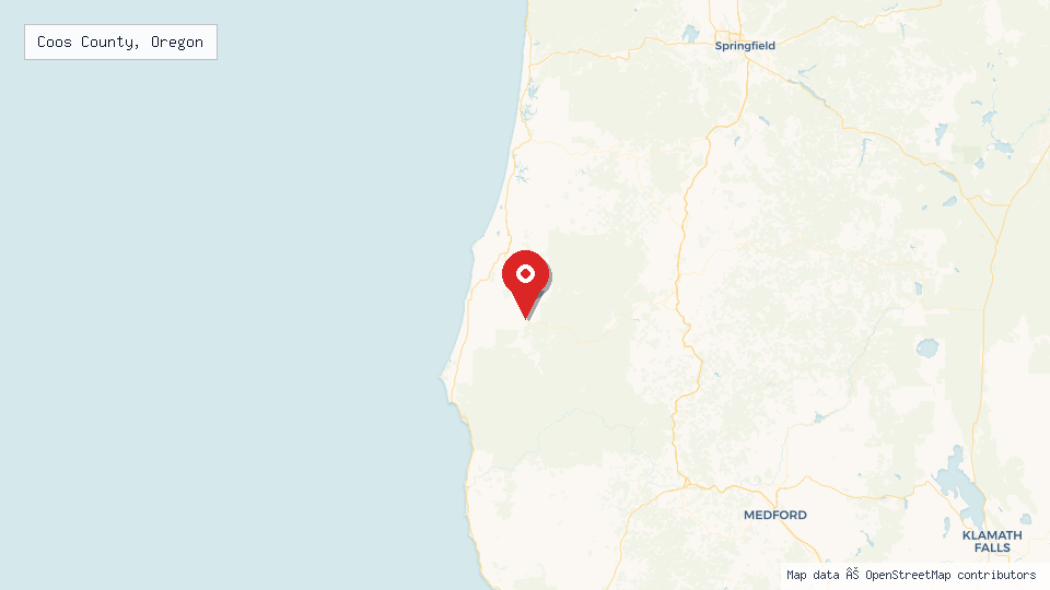 Street map of Coos County, Oregon with location pin