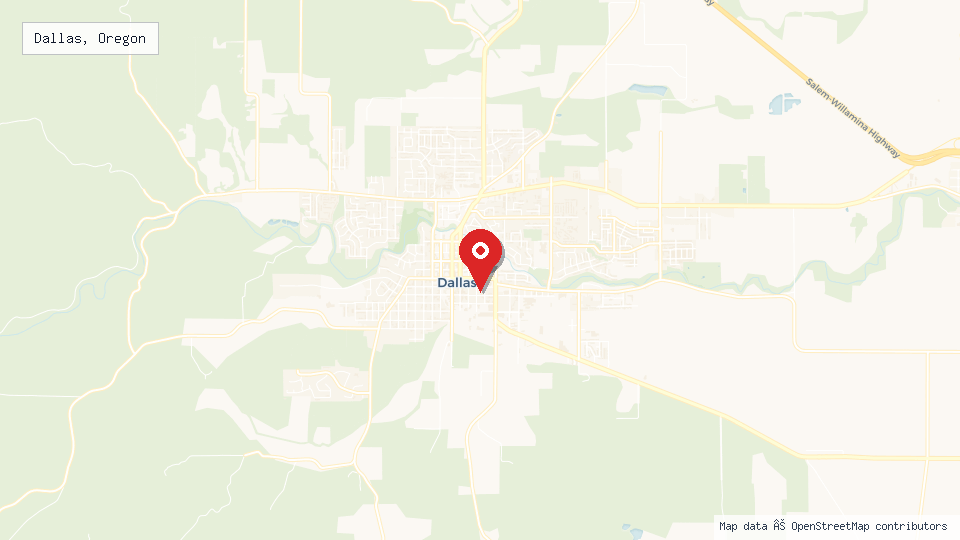 Street map of Dallas, Oregon with location pin