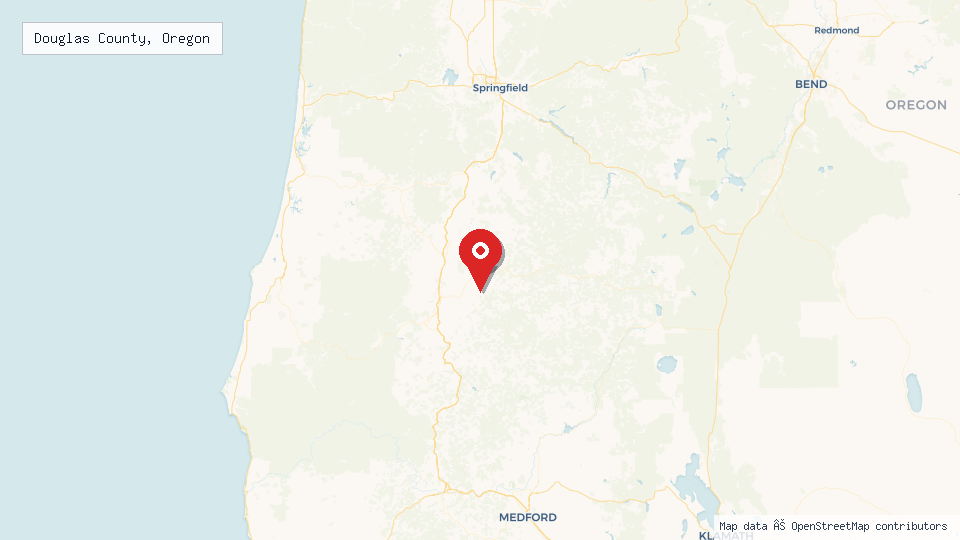 Street map of Douglas County, Oregon with location pin
